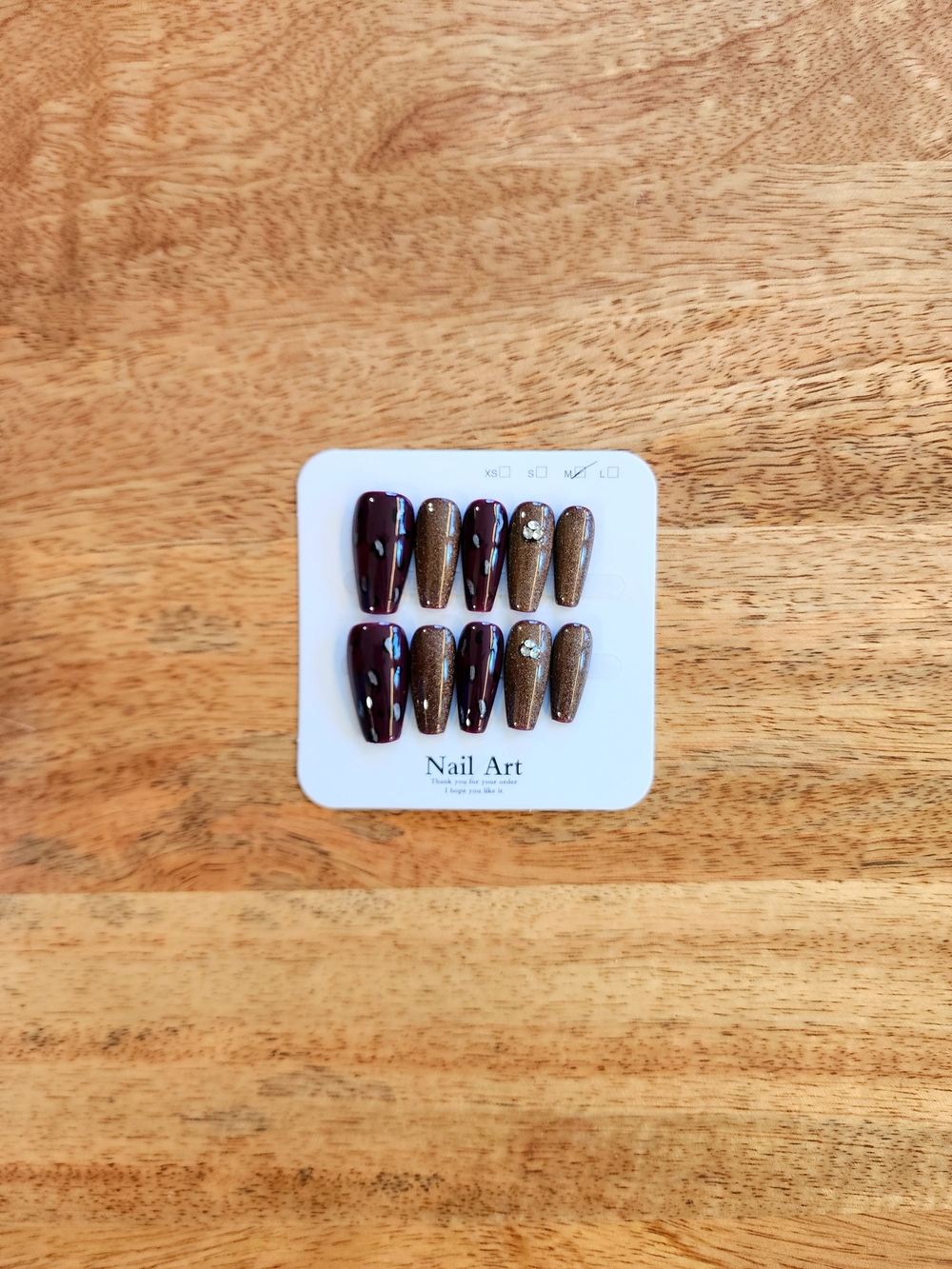 Fall Marble Press-On Nails — Burgundy & Metallic Brown